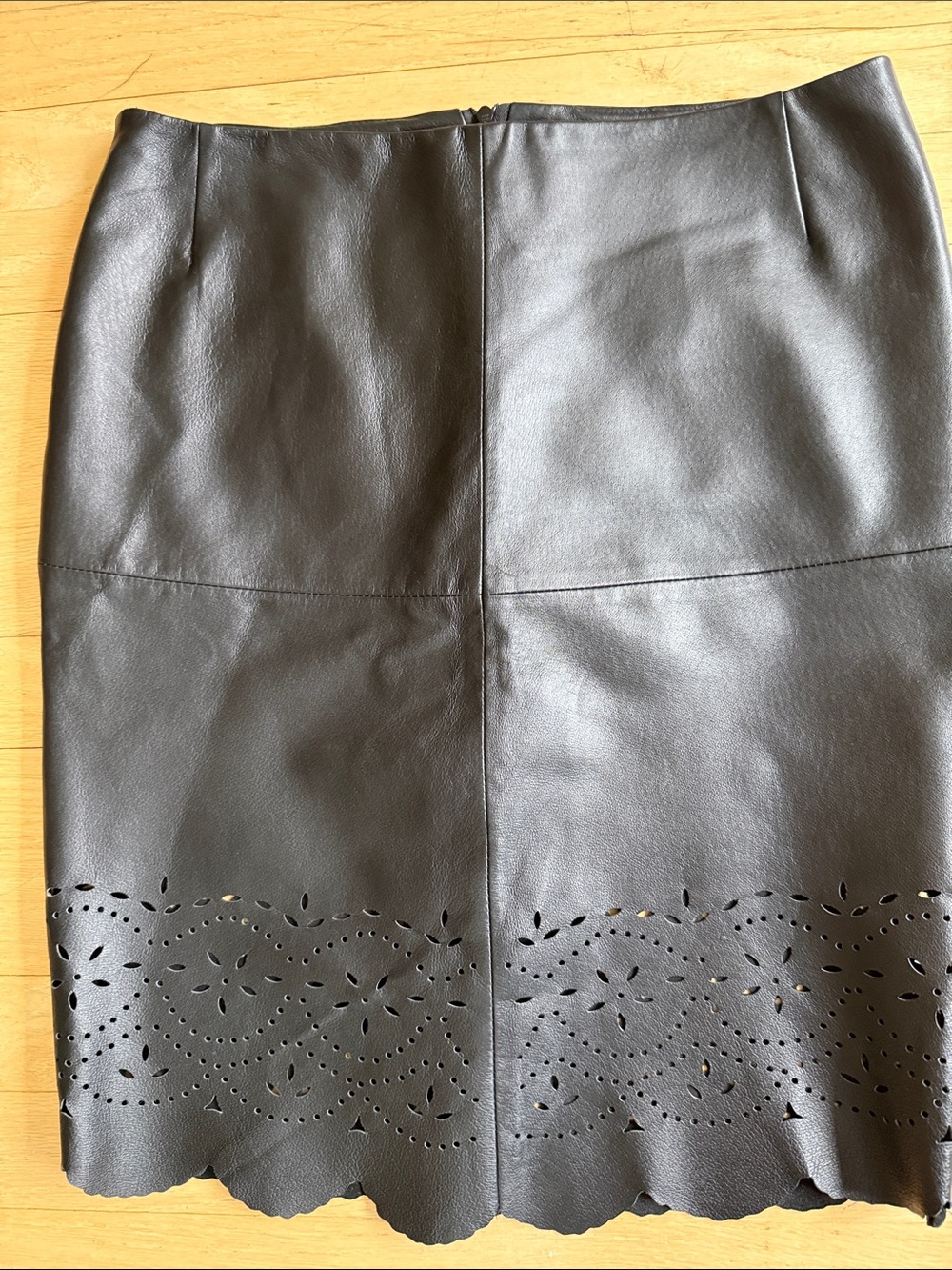 Black Leather Pencil Skirt with Laser-Cut Hem